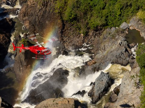 Aerial shot of Nautilus Helicopter over Barron Falls
