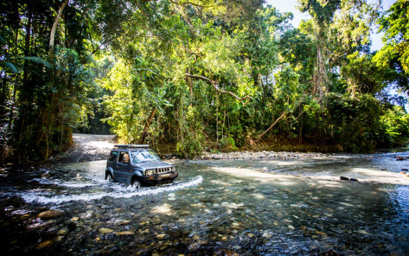 CDT purpose-built 4WD vehicle crossing a creek on the Bloomfield Track, Far North Queensland 