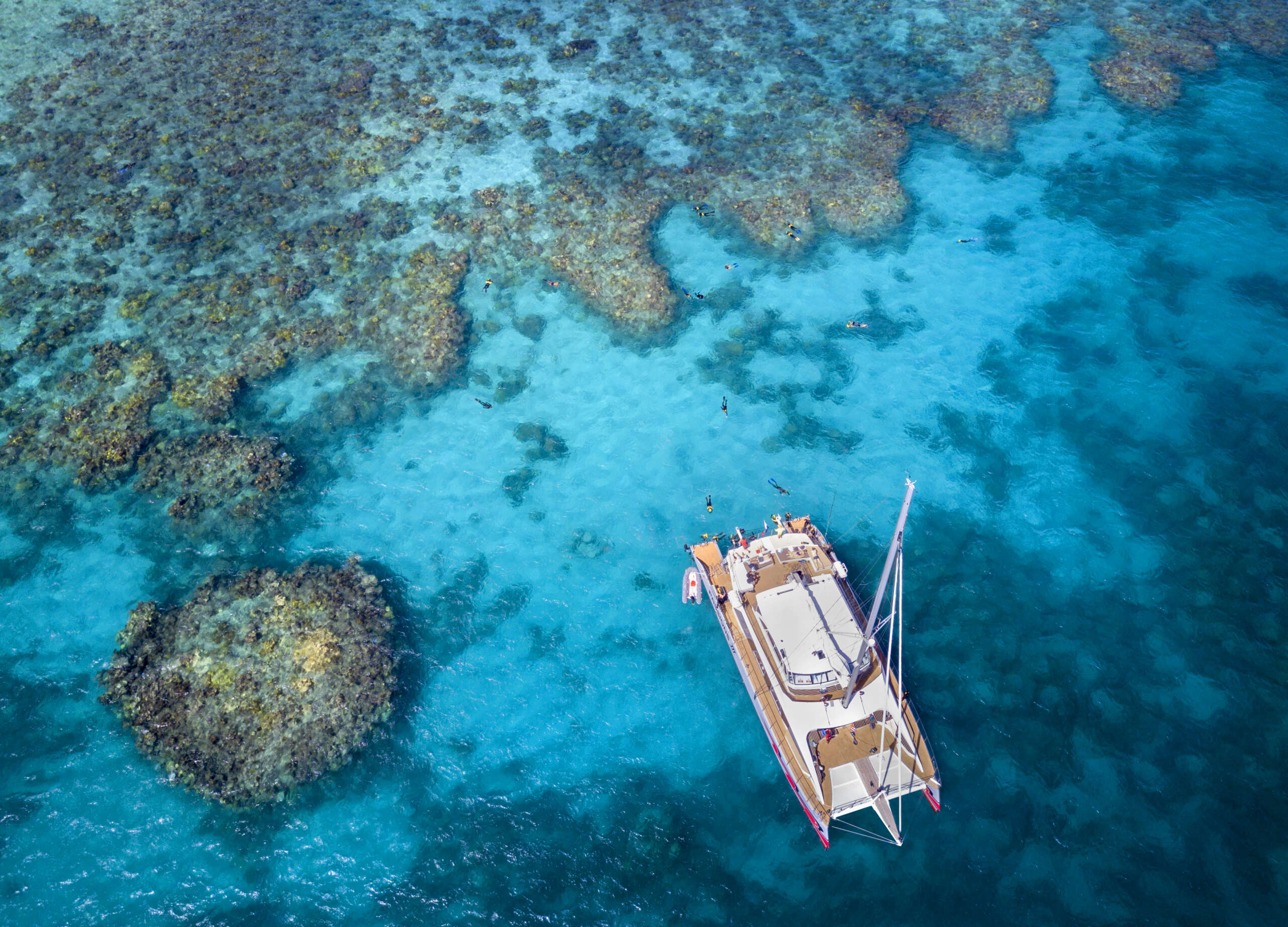 Aerial view of Great Barrier Reef with tour boat in clear turquoise water