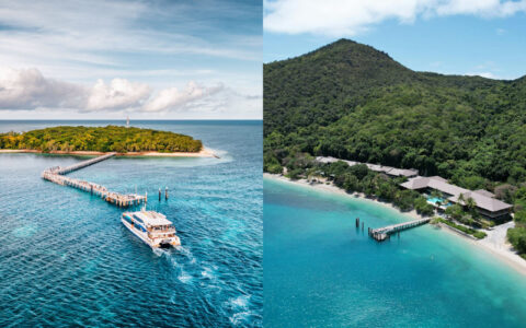 Split view of Green Island and Fitzroy Island near Cairns showing reef and coastline