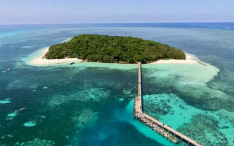 Aerial view of Green Island with jetty and surrounding reef in clear turquoise water near Cairns