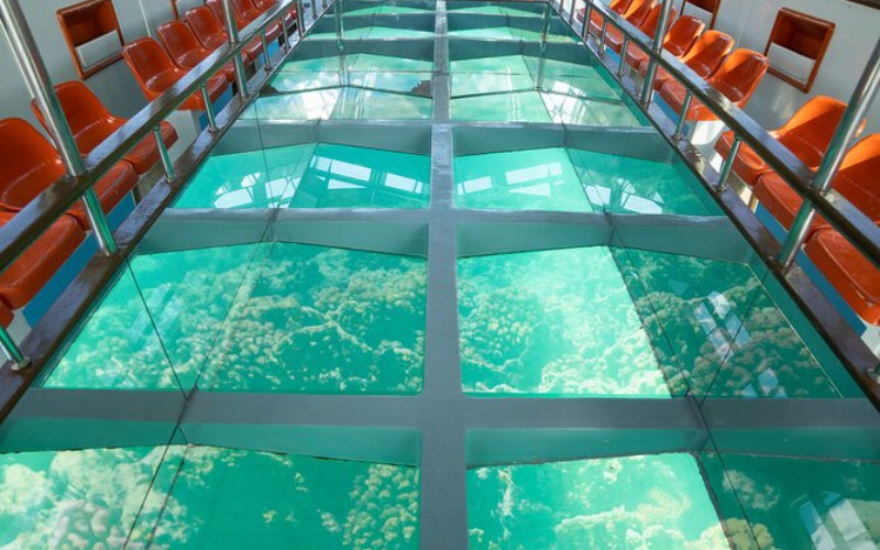 Glass-bottom boat deck showing coral reef below at Green Island near Cairns