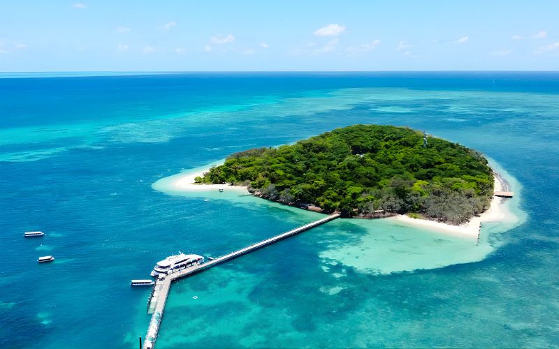 Top-down view of tropical Green Island with sandy beaches and coral reef lagoon