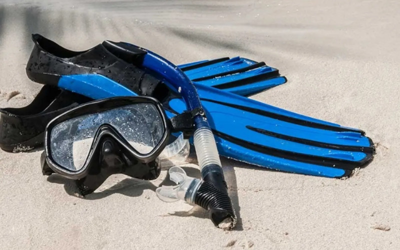 Snorkelling gear including mask, snorkel and fins on beach at Fitzroy Island