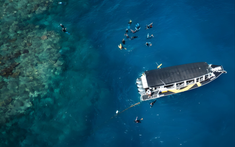 Aerial view of reef tour boat with snorkelers in deep blue water near the Great Barrier Reef