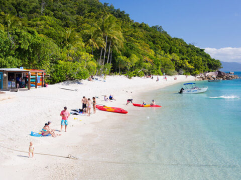 Families enjoying the beach at Welcome Bay on Fitzroy Island with kayaks and crystal clear water