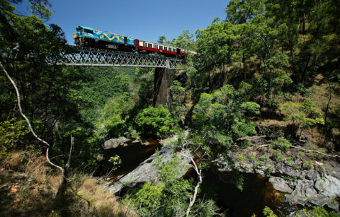`Kuranda Scenic Railway train crossing historic bridge over rainforest gorge near Cairns Queensland`