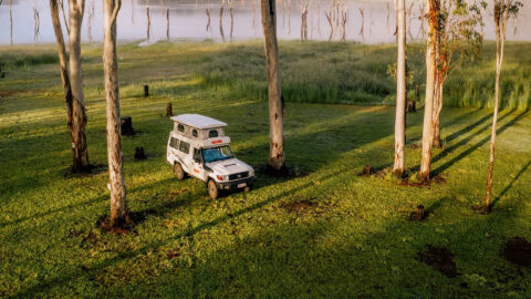 4WD wildlife spotting vehicle on wetland grasslands of the Atherton Tablelands Far North Queensland