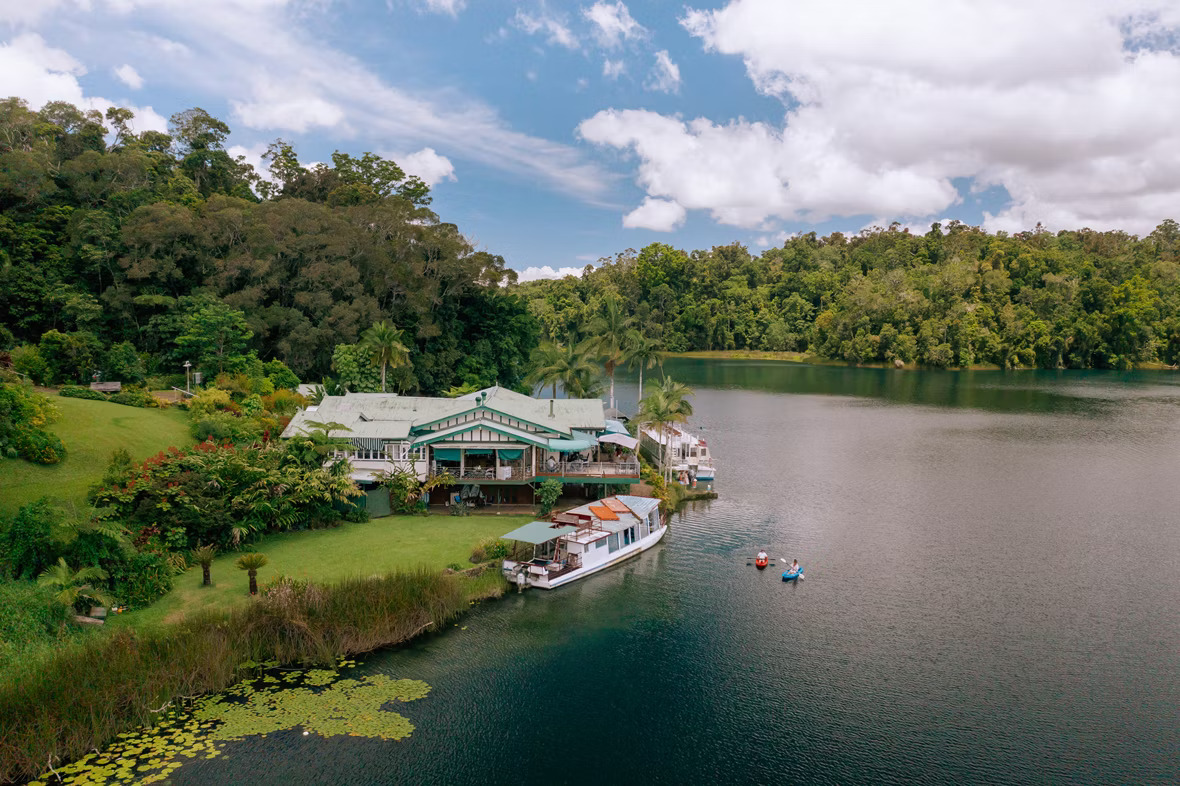Lake Barrine heritage teahouse and boat cruise on volcanic crater lake Atherton Tablelands Queensland