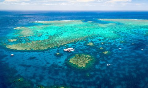 Aerial view of vast coral reef formations in varying shades of blue and turquoise water, with a small boat visible below.