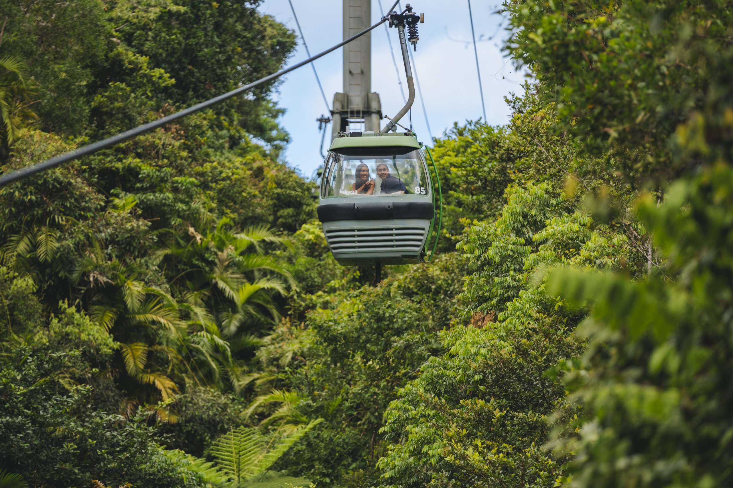 Cable car gondola with passengers gliding over dense rainforest canopy on the Skyrail