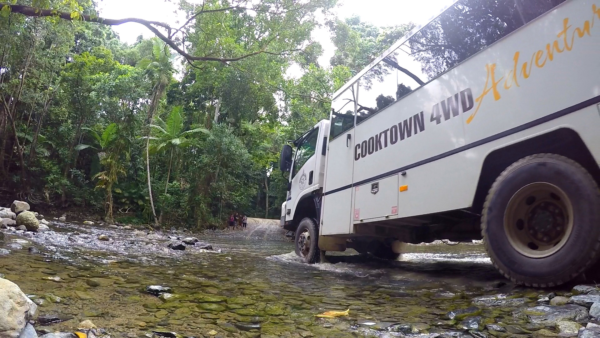 4WD tour truck crossing a shallow rocky creek surrounded by dense rainforest.