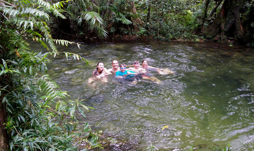 Family swimming together in a clear rainforest gorge surrounded by lush greenery.