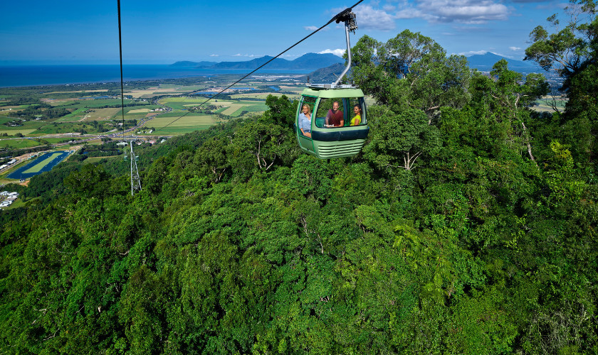 Skyrail cable car gondola over rainforest canopy with coastal farmland and ocean visible in the distance.