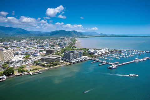 Aerial view of Cairns city centre, marina, and Trinity Inlet in Tropical North Queensland